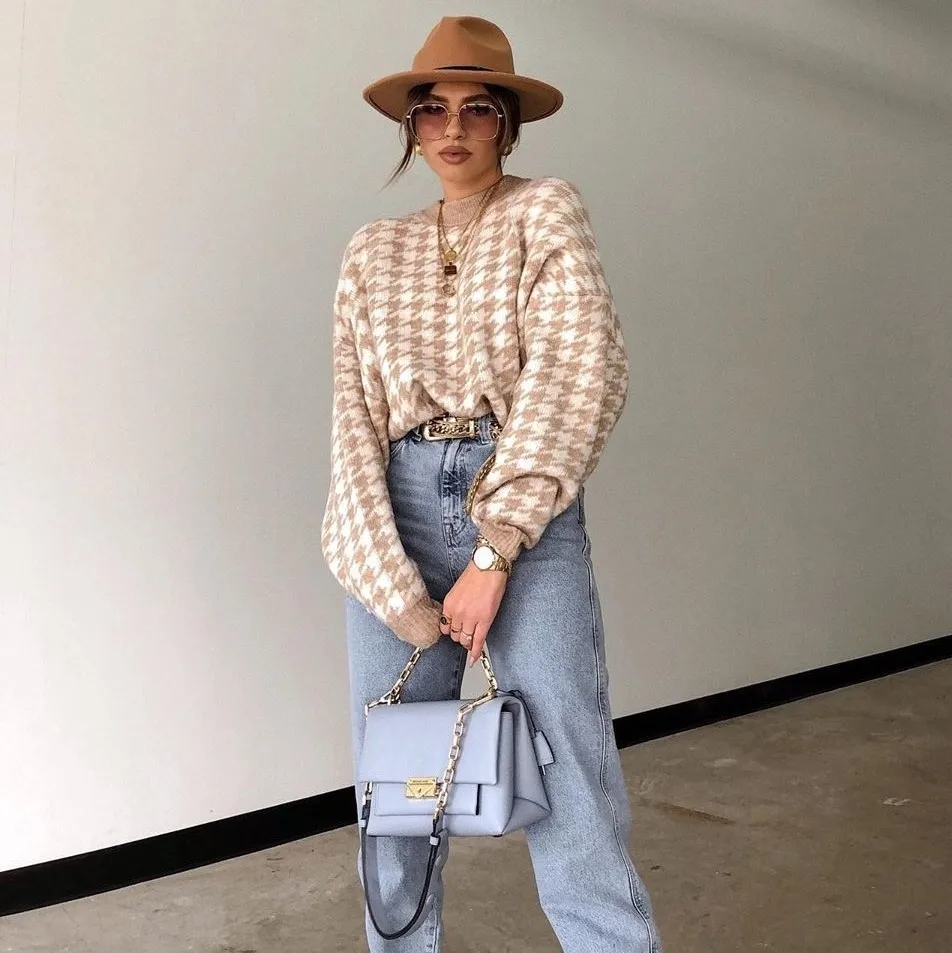 Женский Повседневный пуловер с рисунком гусиные лапки женский свитер джемпер в