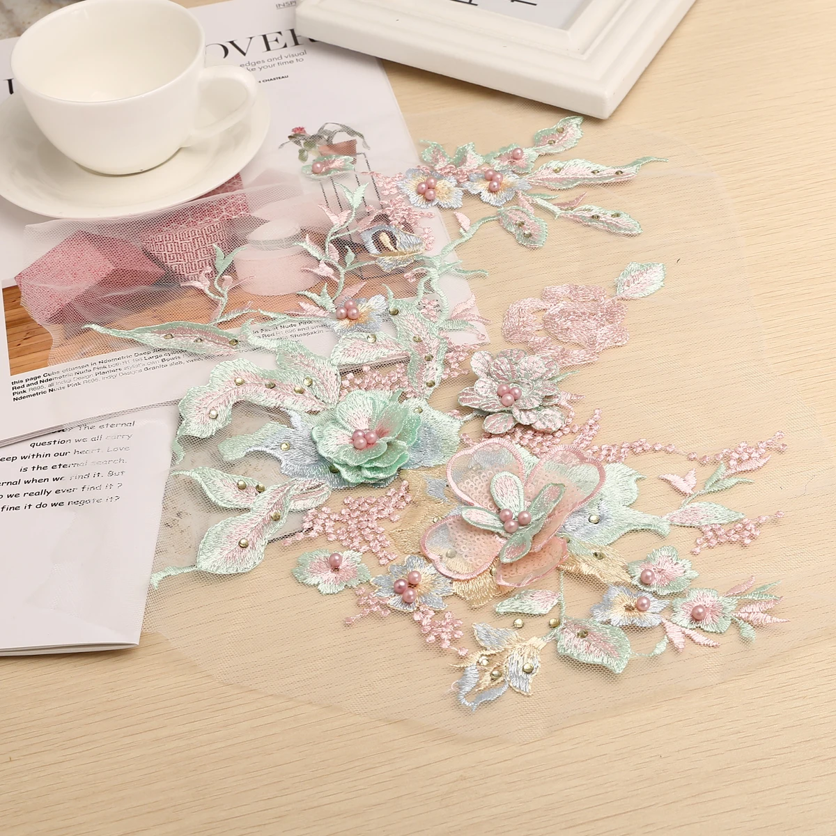 1 шт. 3D Цветочная вышивка аппликация жемчужные бусины Тюль DIY свадебное платье