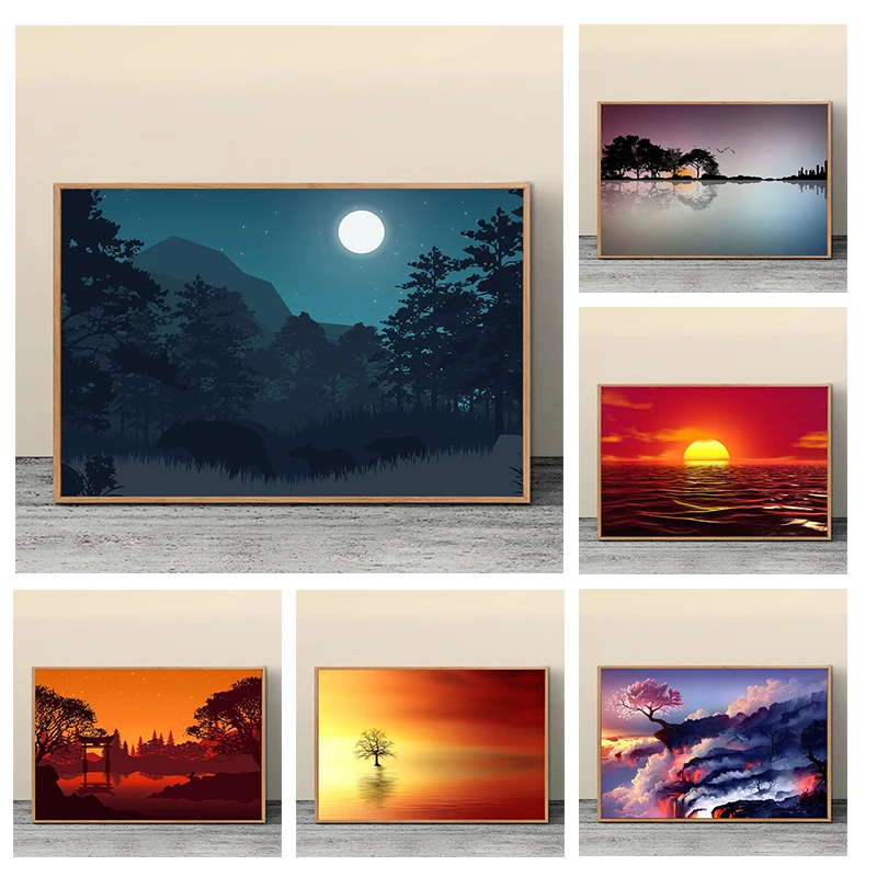 

Anime Landscape Canvas Painting Sunset On The Ocean Bear Posters and Prints Print Mural Picture Living Room Home Wall Decoration