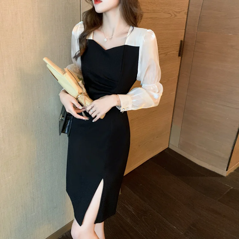 

CMAZ 2021 Autumn New Black Dress Women's Waist Slimming Elegant Hepburn Style Puff Sleeve Split Skirt