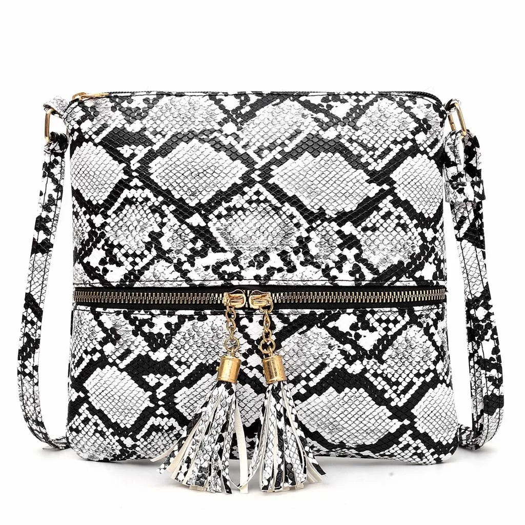 Fashion Women Tassel Snake Printing Zipper Messenger Bag Handbag Shoulder Bag Elegant Small Square Bags#YJ
