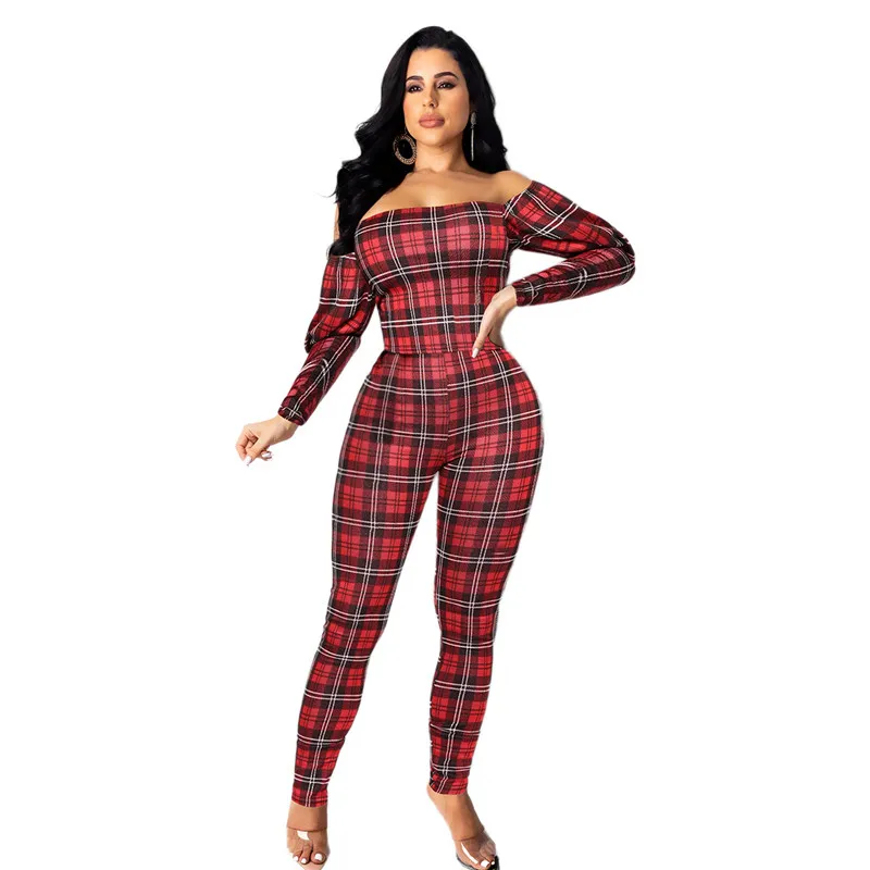 Новый дизайн Женский комплект с вырезом лодочкой длинный рукав в клетку принтом 2