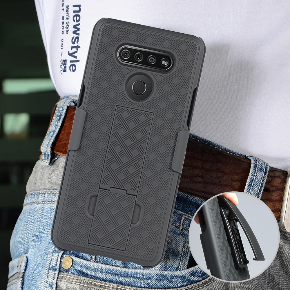 

Hybrid shockproof pc+tpu weave pattern holster combo mobile phone case with pop up holder for lg-k51