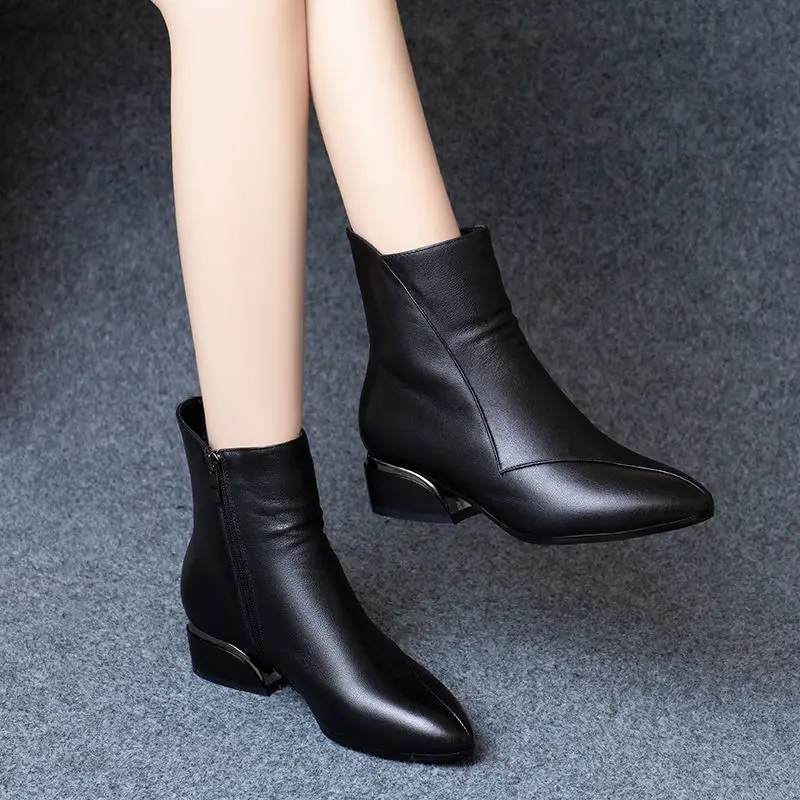 

New Autumn Winter Genuine Leather Retro Square Toe Zipper Ankle Boots Square Heel All Match Women Shoesty789