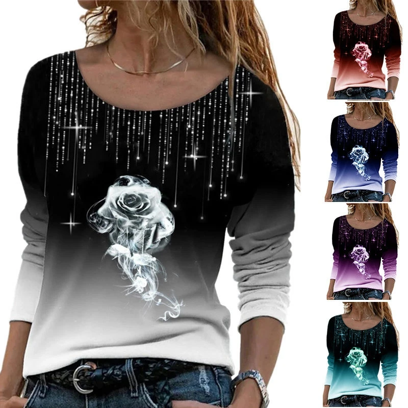 

Высококачественная повседневная футболка с принтом роз, лето 2022, тонкий женский хлопковый топ, рубашка с длинным рукавом, женская футболка, ...
