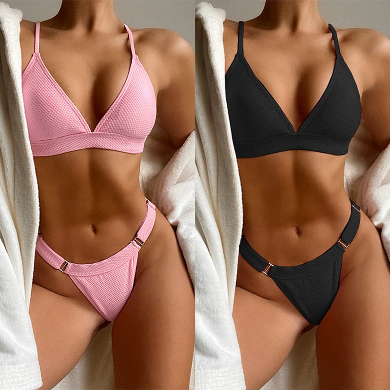 

Solid Bikinis Triangle Ribbed Swimsuit Women Push Up Bathing Suit 2021 button Swimwear String Biquini Sexy V Neck Bikini Set