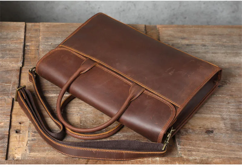 PNDME retro business simple crazy horse cowhide men's briefcase daily waterproof laptop bag genuine leather work shoulder bags