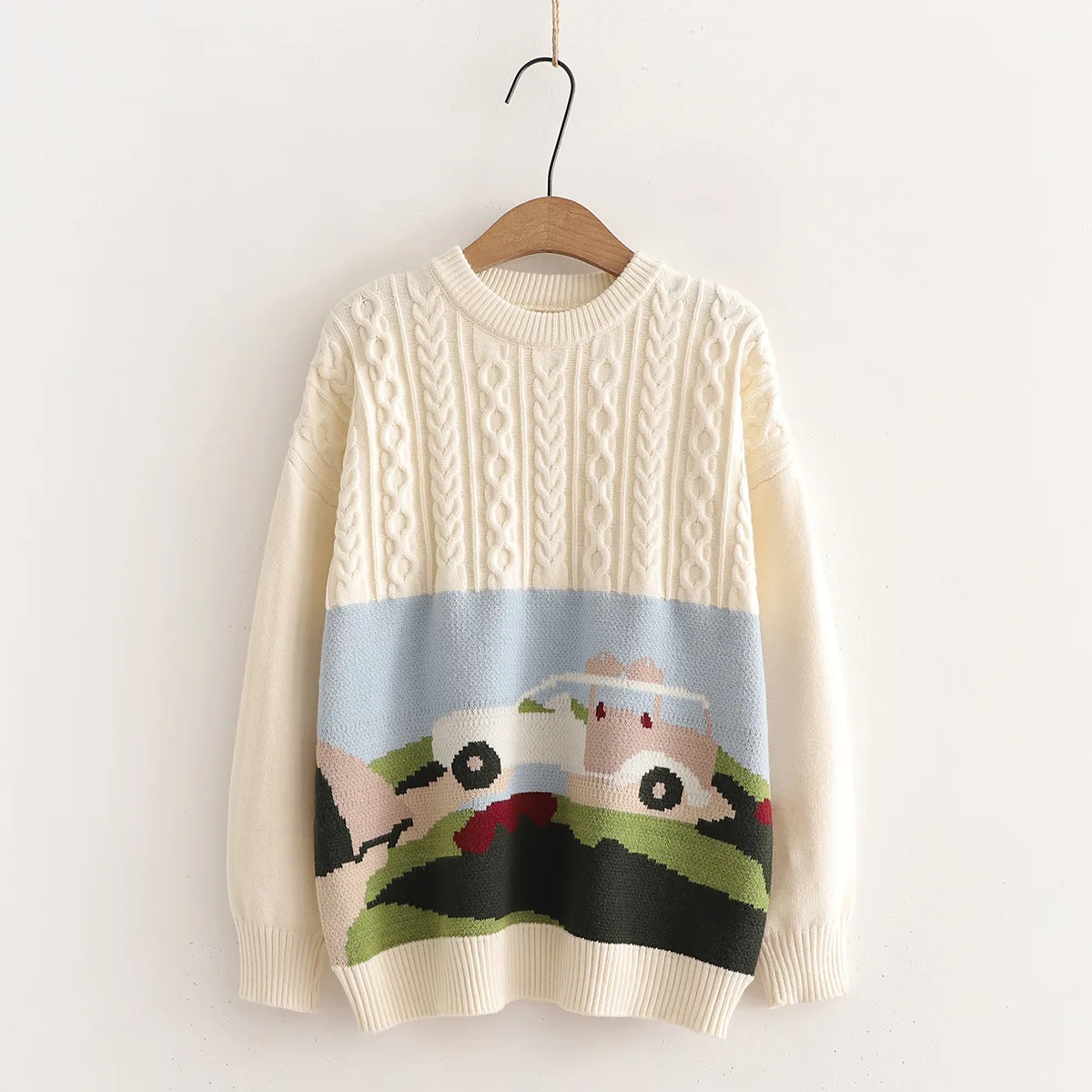 Korean Preppy Style Cartoon Print Loose Pullover Sweater Women Autumn Winter Casual All Match Thick Jumpers Female Knit Clothing