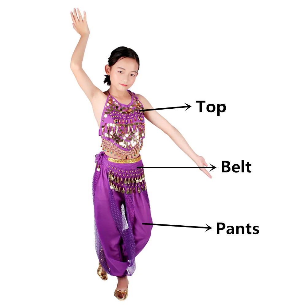 Purple 3pcs Костюмы для танца живота, для детей, для восточных танцев, для девочек, для танца живота, индийский комплект для танца живота, одежда для танца живота, для детей, индийский, 6 цветов - Color: Purple 3pcs