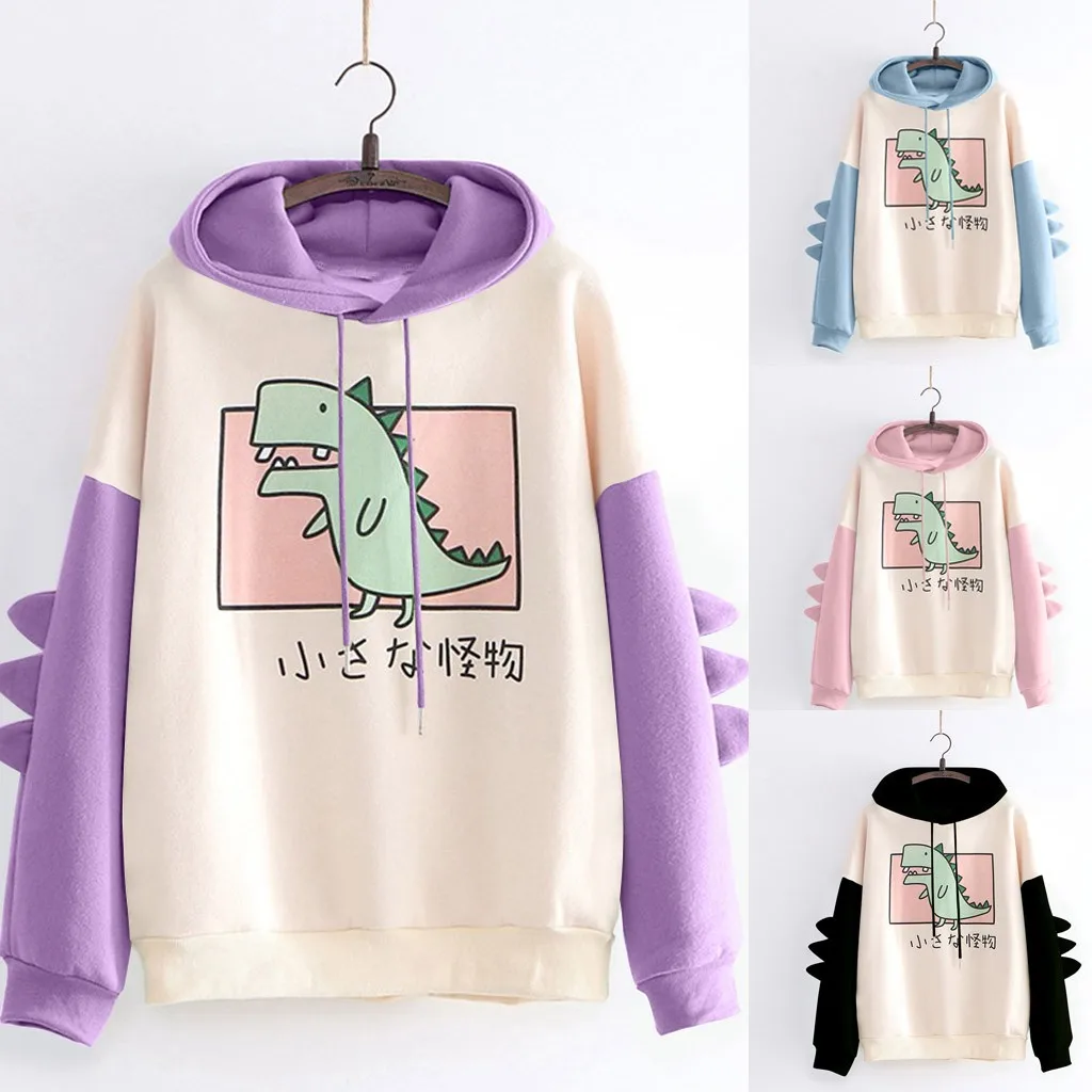 

Anime Hoodie Fashion Women Casual Print Long Hoodie Sleeve Splice Dinosaur Sweatshirt Tops Oversized Hoodie