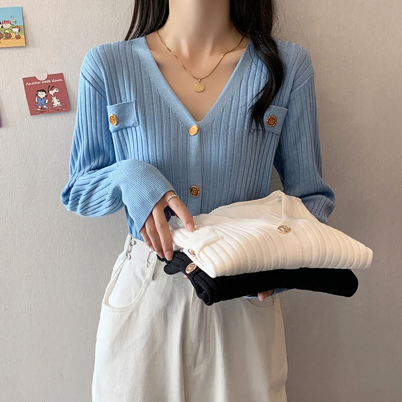 

Женский однобортный Кардиган с V-образным вырезом, однобортный трикотажный кардиган в Корейском стиле, базовая верхняя одежда с V-образным в...