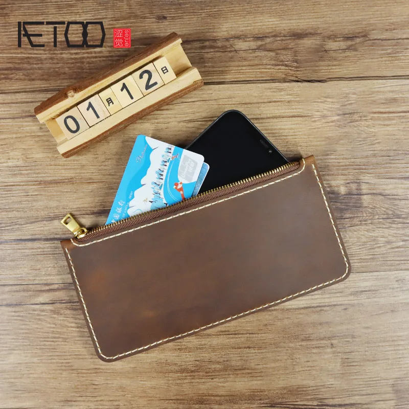 

Кожаный кошелек на молнии AETOO, Длинная кожаная сумка для мобильного телефона, простой и многофункциональный кошелек