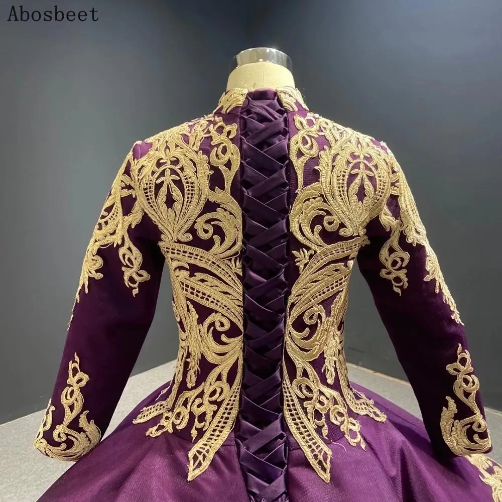 DD JYOY Muslim Long Sleeve Evening Party Dress Ball Gown Gold Lace High Neck Prom Women Wear Lace Up Back Purple Evening Gown