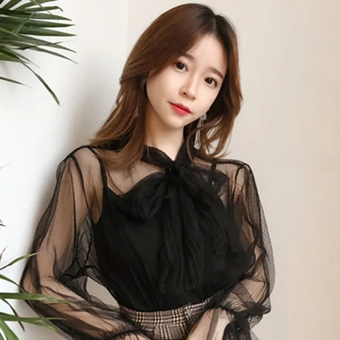 Женская майка с бантом на воротнике сетчатая кружевная в стиле пэчворк Новинка