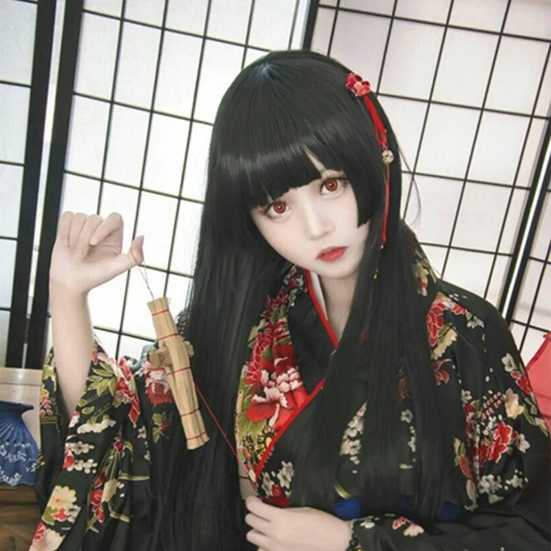 100 см черные длинные прямые волосы Jigoku Shoujo Enma Ai Аниме косплей костюмы