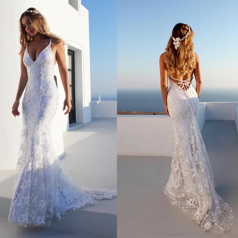 

2021 Long White Backless Wedding Woman Dress Spagheti Strap Bodycon Princess Floor Length Cocktail Wedding Party Formal Dresses