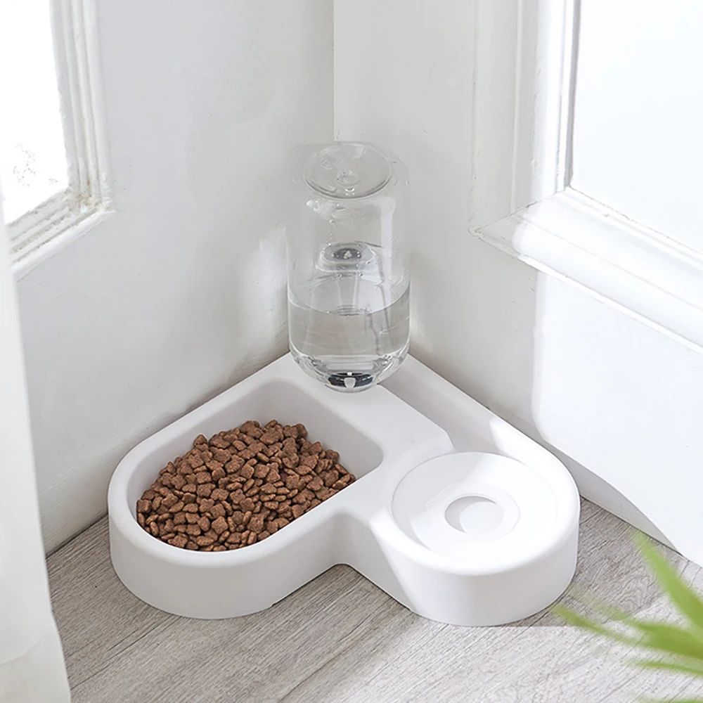 

New 2 In 1 Pet Feeder Bowl Cat Dog Heart-shaped Automatic Water Refilling Wall Corner Double Bowls Food Kitten Drinking 500ml