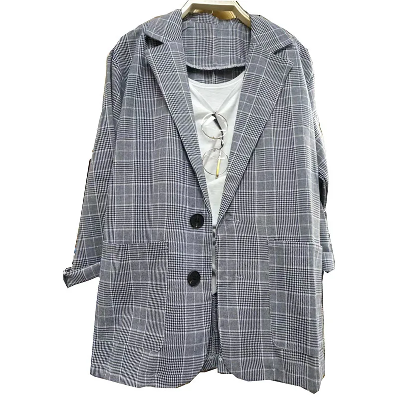

Vintage Women Plaid Blazer With Pockets Loose Notched Two Buttons Blazers Outerwear Office Lady Casual Retro Jacket Coat