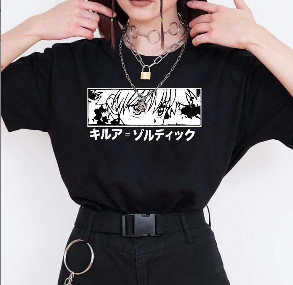 

Female Japanese Anime Vintage Top Fun Cartoon Print Loose O-neck T-shirt Harajuku Streetwear Hunter X Hunter Killua EyesT-shirt