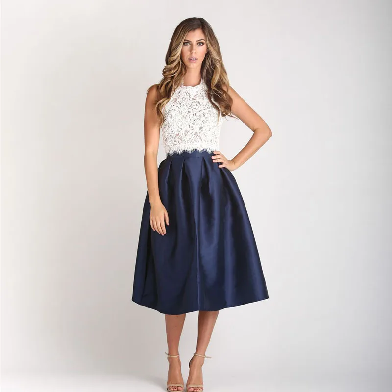 

юбка Fashion Navy Blue Skirt Midi jupe kobieta spódnice Women Pleated Skirt Party faldas mujer moda