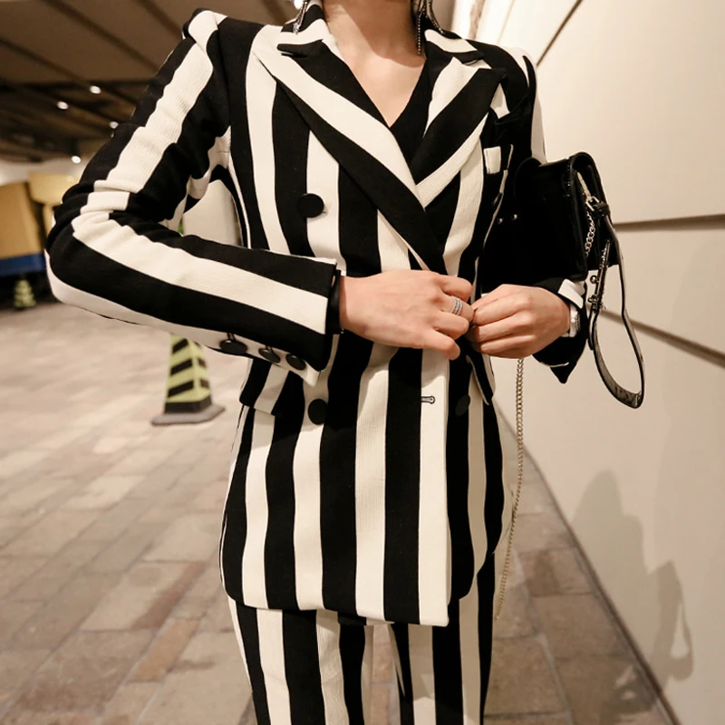 Новый Зимний женский полосатый двубортный Блейзер куртка облегающие узкие брюки