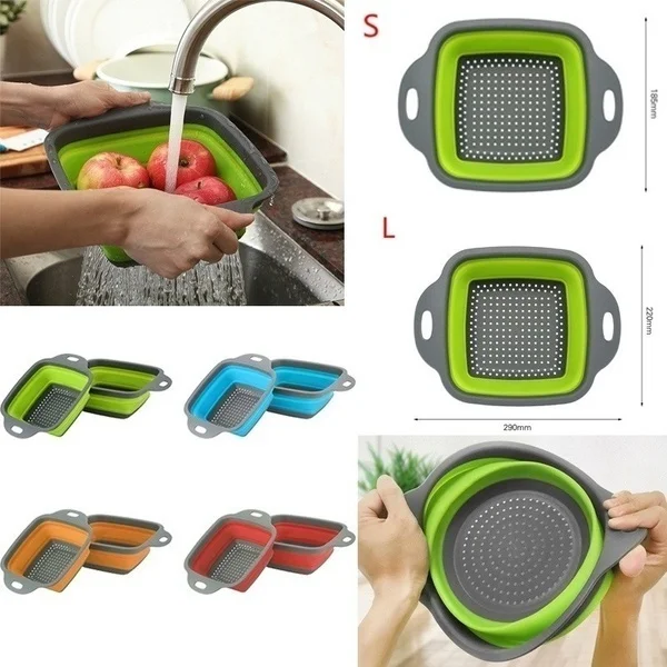 

Square Draining Basket Collapsible Colander Silicone Kitchen Storage Bag Fruit and Vegetable Basket Folding Filter