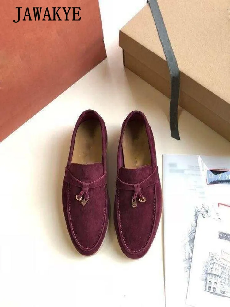 wine red Лидер продаж; женские замшевые туфли на плоской подошве; удобная повседневная обувь из натуральной кожи; женские лоферы без застежки с металлическим украшением; женская обувь разных цветов - Цвет: wine red