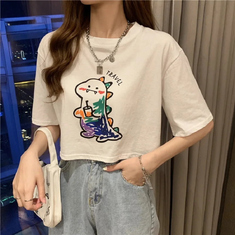 2021 Women Tshirts Cute Dinosaur Print Girls Harajuku Cotton Hip Hop Ulzzang Korean Style Unisex Cartoon Print T-shirts Summer