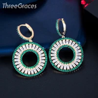 threegraces delicate green white cz crystal simple double round dangle earrings for women fashion bohemian style jewelry er582