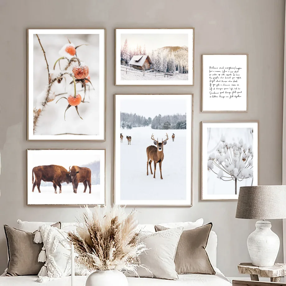 

Wall Art Canvas Painting Nordic Landscape Grass Reed Deer Cedar Village Road Winter Forest Living Room Home Decoration Poster