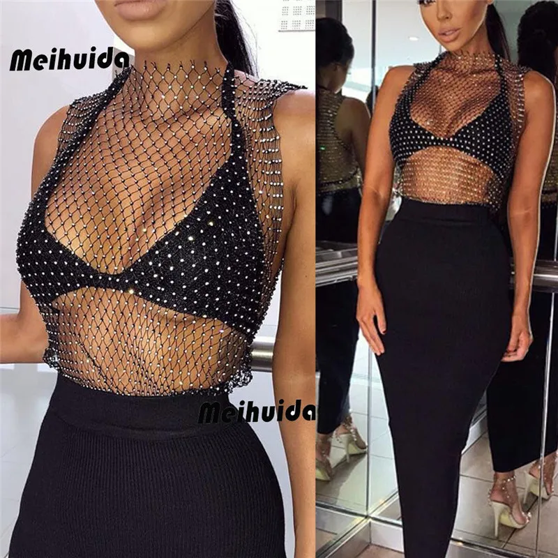 С украшением в виде кристаллов с бриллиантового колье Сексуальная Bodycon майка Hollow