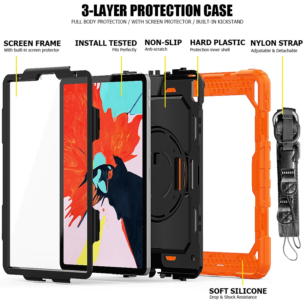 

360 Rotating Hand Strap Kickstand Silicone Tablet Case For ipad 7th 8th 10.2 Pro 11 12.9 2020 10.9 Air 4 3 2 Mini 2 3 4 5 Cover