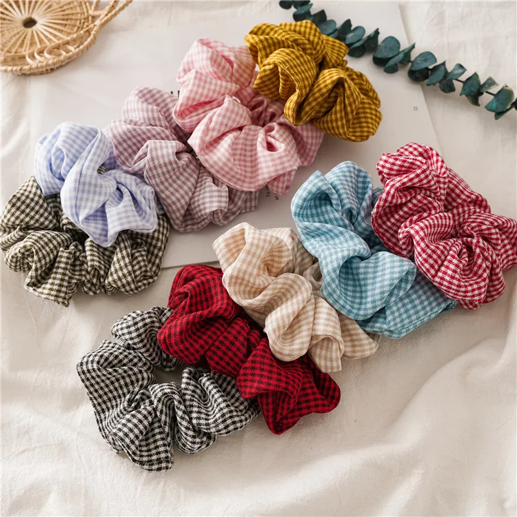 

Top Quality Plaid Hair Bands For Women Vintage Elastic Hairband Korea Hair Accessories 10pcs Bulk Fluffy Scrunchies Pack