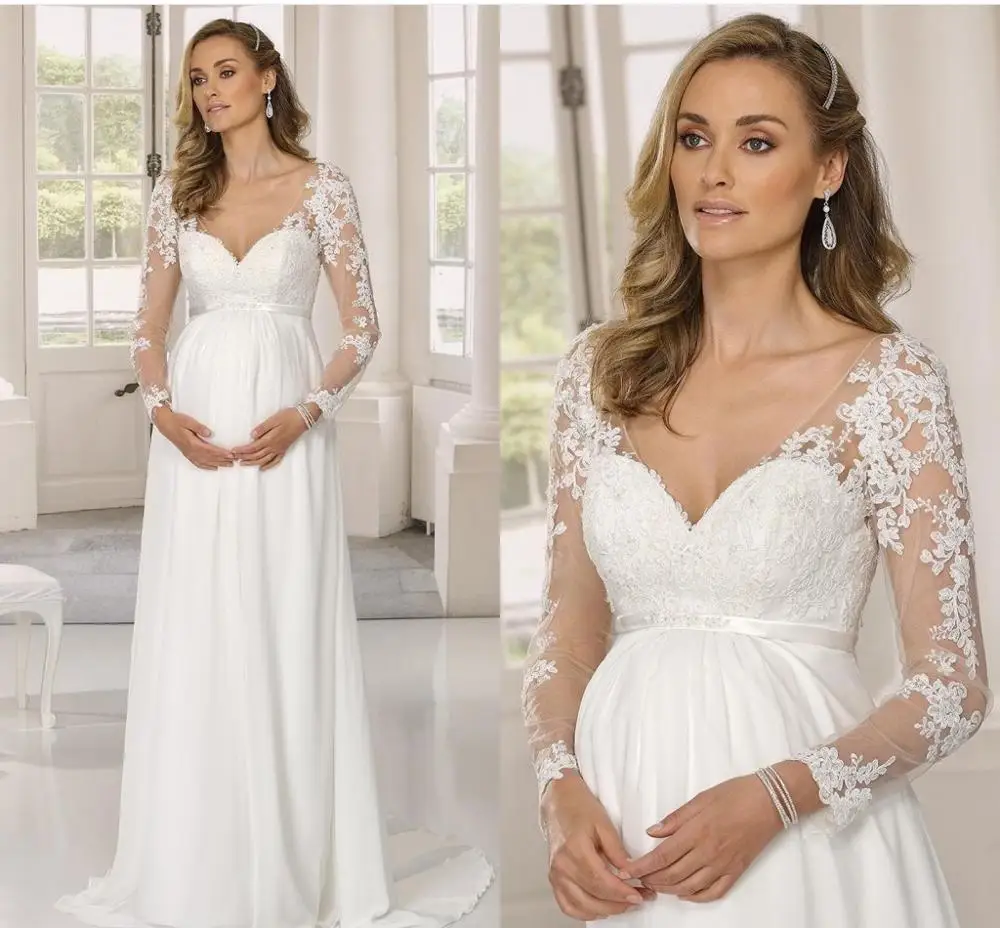 

2021 Pregnant Dress for Wedding Party Chiffon V-Neck Bridal Gowns With Long Sleeve Floor Length Lace Appliques Robe De Mairee