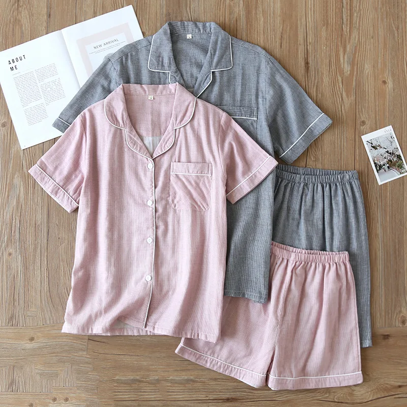 

Summer new pajamas two-piece couple 100% pure cotton knitted simple lattice breathable men and women short-sleeved shorts set