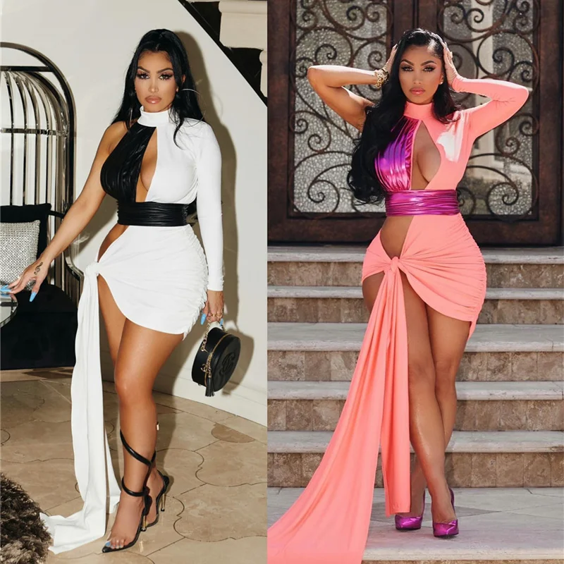 

Women Elegant Mini Dress Sexy Patchwork Lace Up Party Club One Shoulder Hollow Out Long Sleeve White Vestido De Mujer Irregular