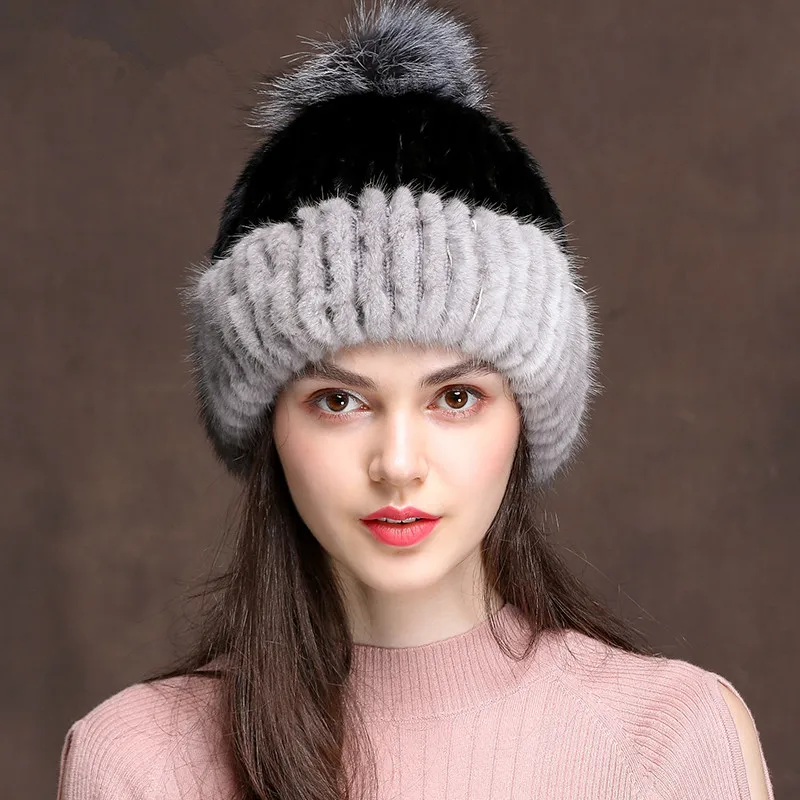 Women's Natural Mink Winter Hats for Women Streetwear Knitted Bonnet Large Fox Fur Pompom Hat Czapka Zimowa MY823