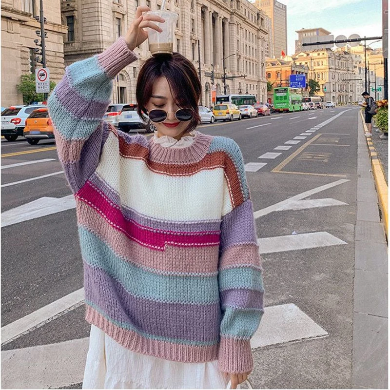 

Women's Sweater 2020 New Women's Fall/winter Pullover Loose OutWear Japanese Lazy Knit Sweater Rainbow Striped Tops Sweaters