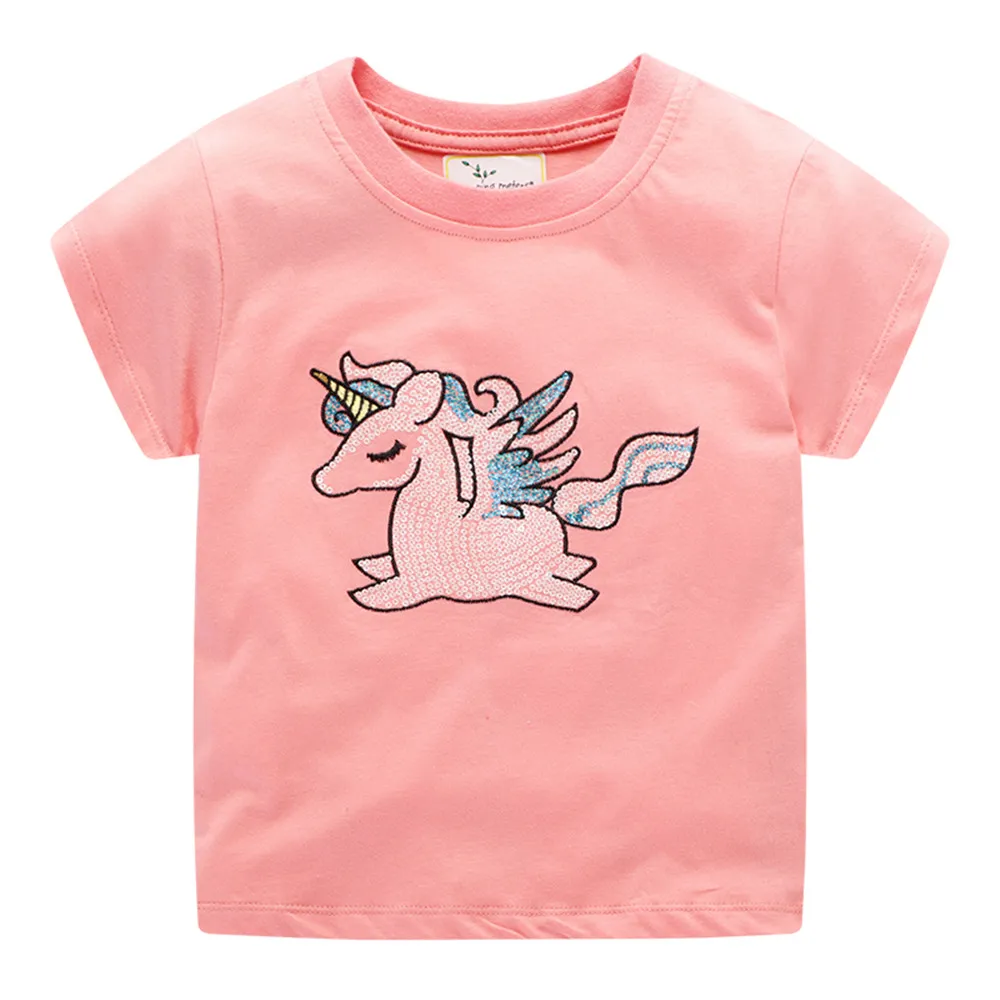 

Jumping Meters New Arrival Unicorn Beading Girls Summer Tees Tops Cotton Children's Clothes 2-7T Kids Tshirts