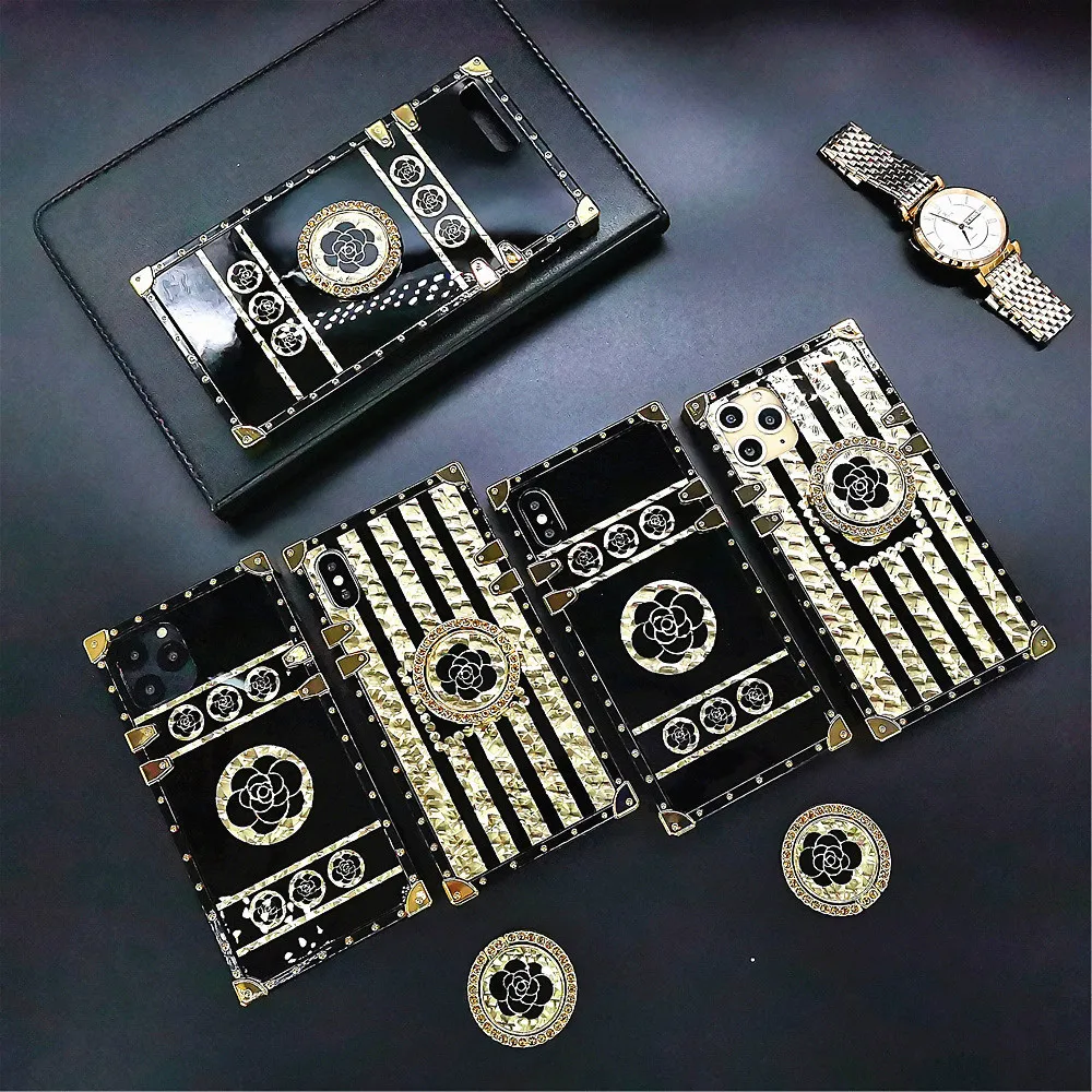 

Luxury Brand Black Rose Flower Glitter Gold Square Case For iPhone 12 Pro Max 11 Pro MAX XS Max XR X 6S 7 8 Plus Stripe Cover