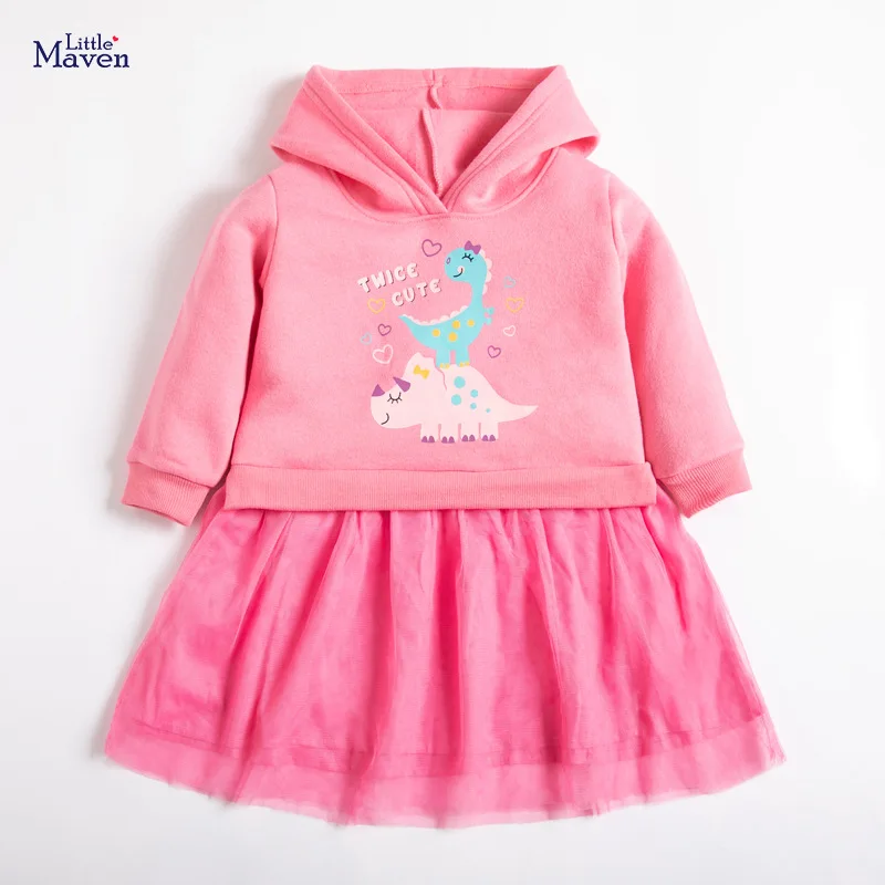 

Little maven Frocks for Baby Girl Autumn Clothes Animal Applique Toddler Hooded Dinosaur Print Fall Dress for Kids 2-7 Years