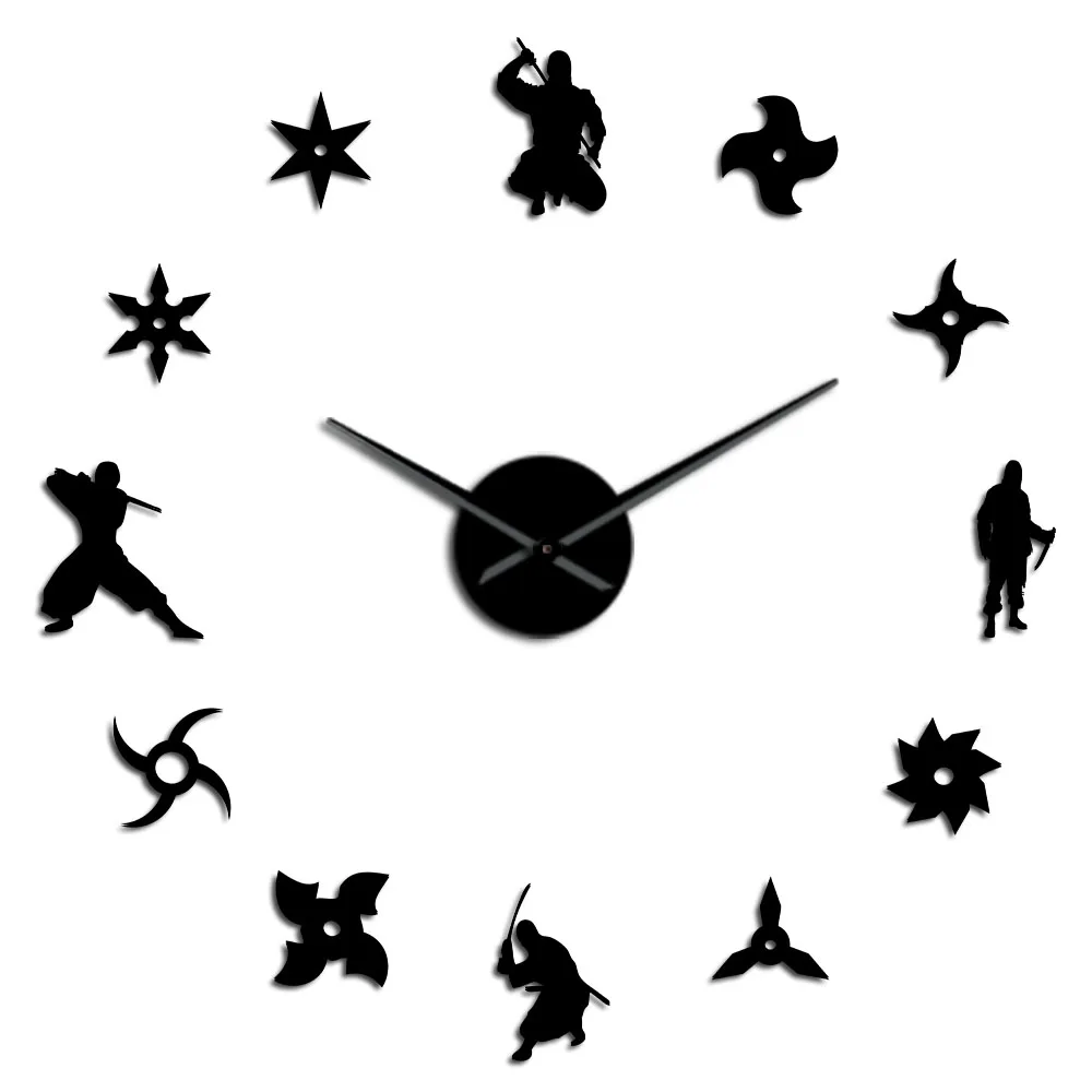 Black Shinobi Japon Ninja DIY гигантские настенные часы японские бойцы воины с метательными звездами бескаркасные большие часы зеркальный эффект - Цвет: Black