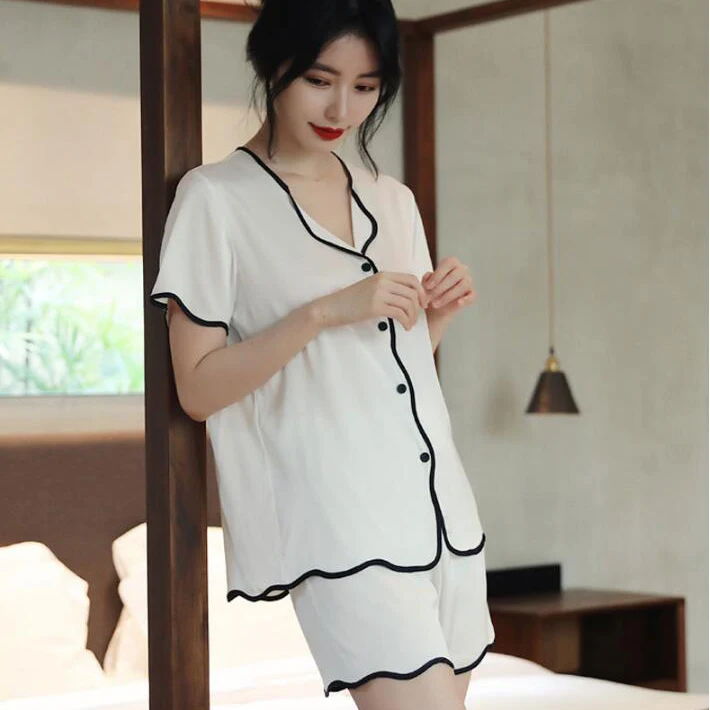 CAIYIER New Luxury White Silk Pajamas Set Summer Women Simple Soft Nightwear Solid Color Fashion Short Sleeve Homewear Suit 2XL