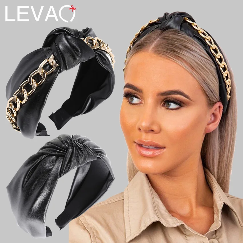 Levao Fashion Gold Chains PU Leather Hair Bands Hoop For Women Top Knotted Punk Headband Turban Hairband Girls Hair Accessories