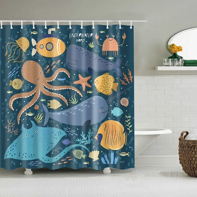 

Underwater World Shower Curtain Ocean Whale Squid Jellyfish Coral Seaweed Bathroom Decor Accessories