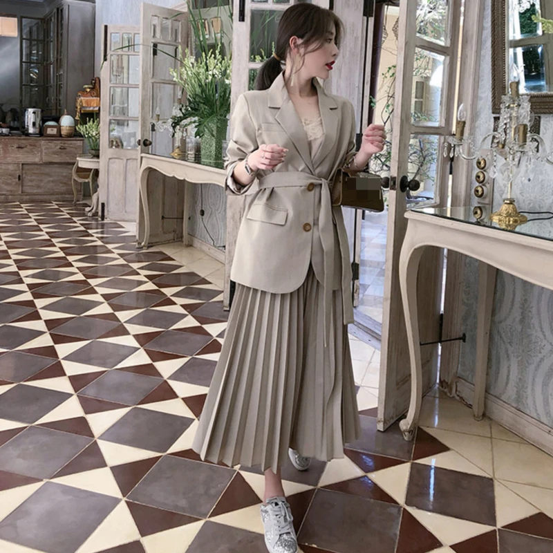 

Spring And Autumn Elegant Women's Office Suit Korean Style Business 2 Piece Set Blazer Jacket Temperament Pleated Skirt Suit
