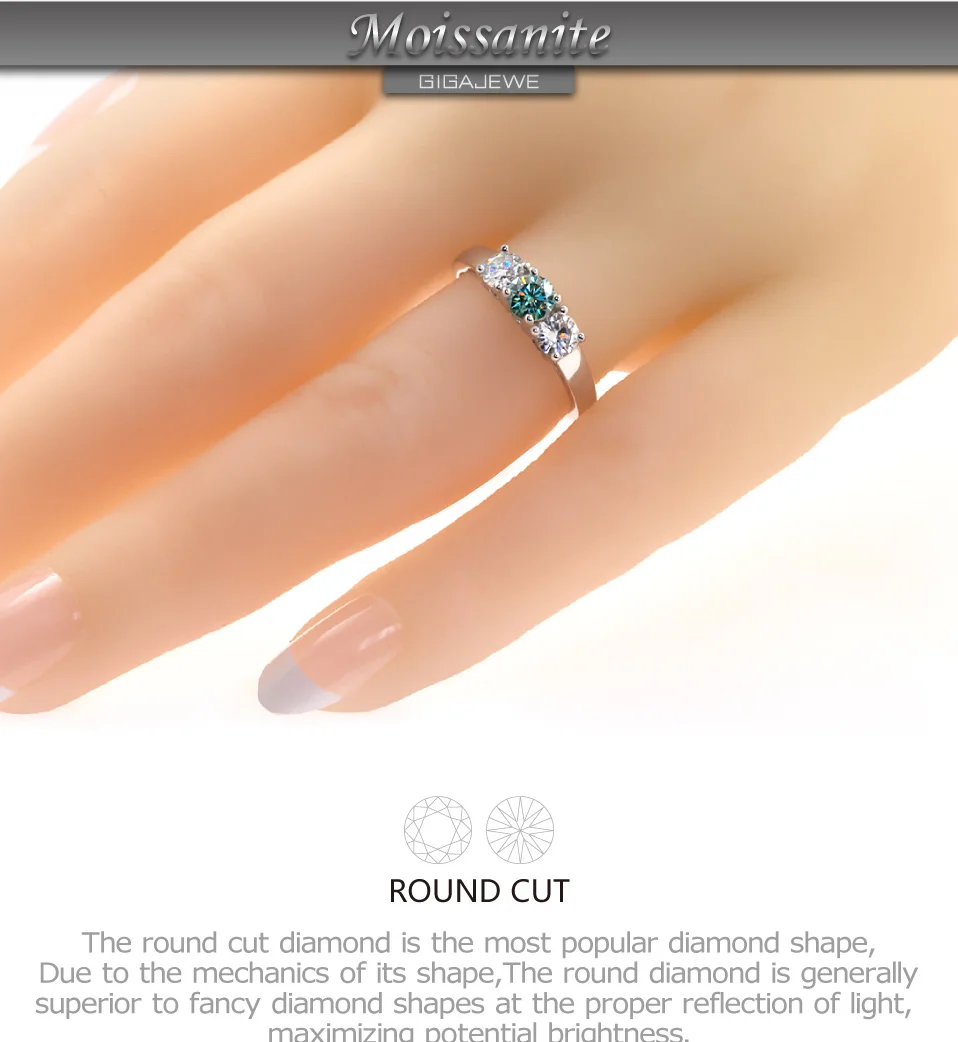 GIGAJEWE всего 1.0ct EF/зеленый VVS1 Круглый отличная огранка алмаз тест прошел Муассанит 925 Серебряное кольцо ювелирные изделия подарок девушке