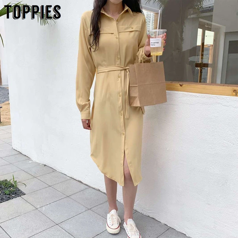Платье рубашка Toppies женское средней длины модное платье на шнуровке с поясом