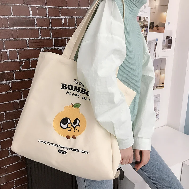

Women Canvas Shopping Bag Orange Cartoon Embroidery Cotton Cloth Shoulder Bag Eco Handbag Tote Reusable Grocery Shopper Bags