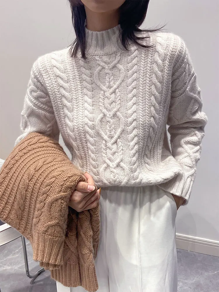 

2021 Autumn and Winter New Linen Pattern Half High Neck 100% Cashmere Sweater Women Loose Sweater
